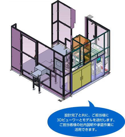 設計完了と共に、ご担当様に 3Dビューワーとモデルを送付します。 ご担当者様の社内説明や承認作業に 活用できます。